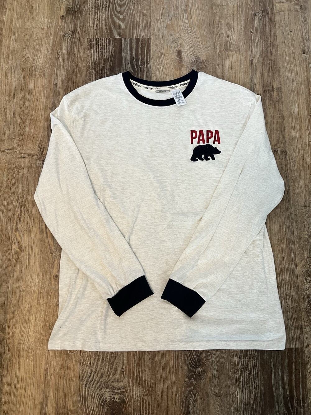 Dearfoams Shirt Mens XL Cream Long Sleeve Papa Bear Embroidered Pullover Cozy